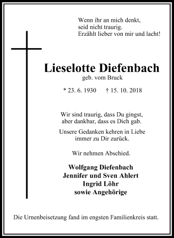 Traueranzeige von Lieselotte Diefenbach von Stadtanzeiger Velbert + Heiligenhaus