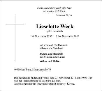 Traueranzeige von Lieselotte Weck von Stadtanzeiger Emmerich/Rees/Isselburg