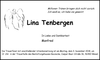 Traueranzeige von Lina Tenbergen von Der Weseler + Der Xantener