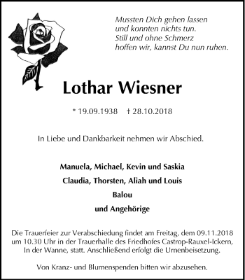 Traueranzeige von Lothar Wiesner von Stadtanz.Castrop-Rauxel
