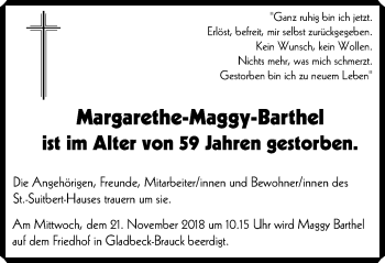 Traueranzeige von Margarethe Barthel von Stadtspiegel Gladbeck