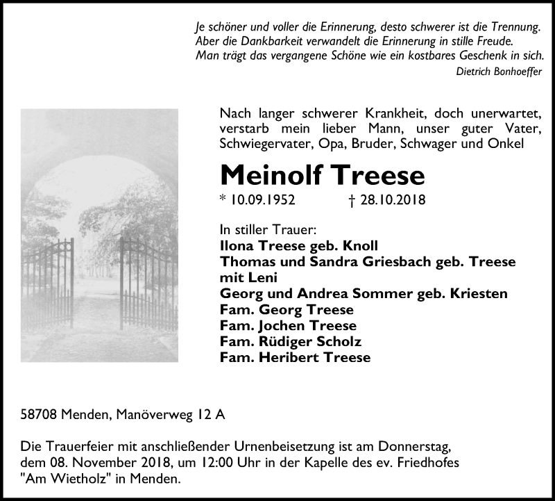  Traueranzeige für Meinolf Treese vom 03.11.2018 aus Stadtspiegel Menden + Froendenberg