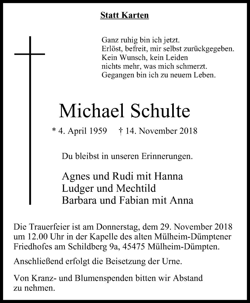  Traueranzeige für Michael Schulte vom 24.11.2018 aus Mülheimer Woche