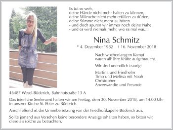 Traueranzeige von Nina Schmitz von Der Weseler + Der Xantener