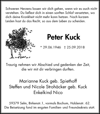 Traueranzeige von Peter Kuck von Stadtspiegel Bochum + Wattenscheid
