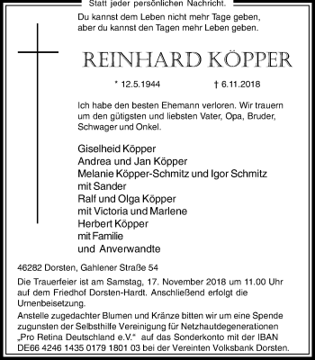 Traueranzeige von Reinhard Köpper von Stadtspiegel Haltern + Dorsten