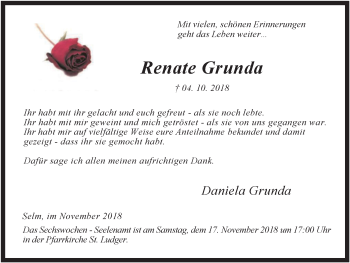 Traueranzeige von Renate Grunda von Lüner Anzeiger