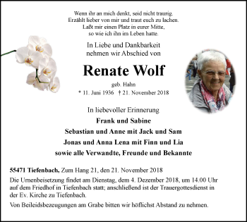 Traueranzeige von Renate Wolf von wap Schwelm/Gevelsberg/Ennepetal