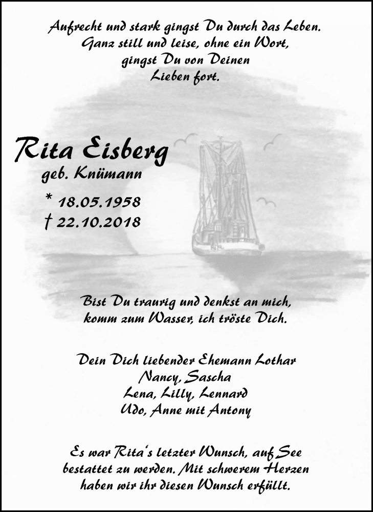  Traueranzeige für Rita Eisberg vom 10.11.2018 aus Stadtspiegel Bottrop