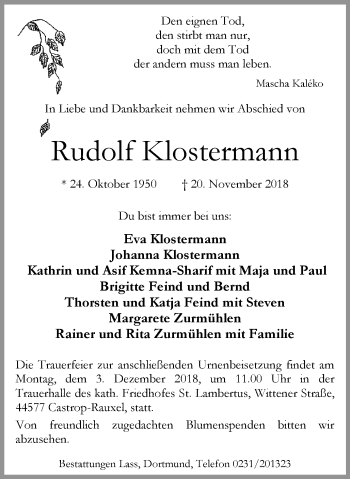 Traueranzeige von Rudolf Klostermann von Stadtanz.Castrop-Rauxel