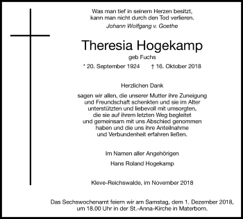 Traueranzeige von Theresia Hogekamp von Klever Wochenblatt