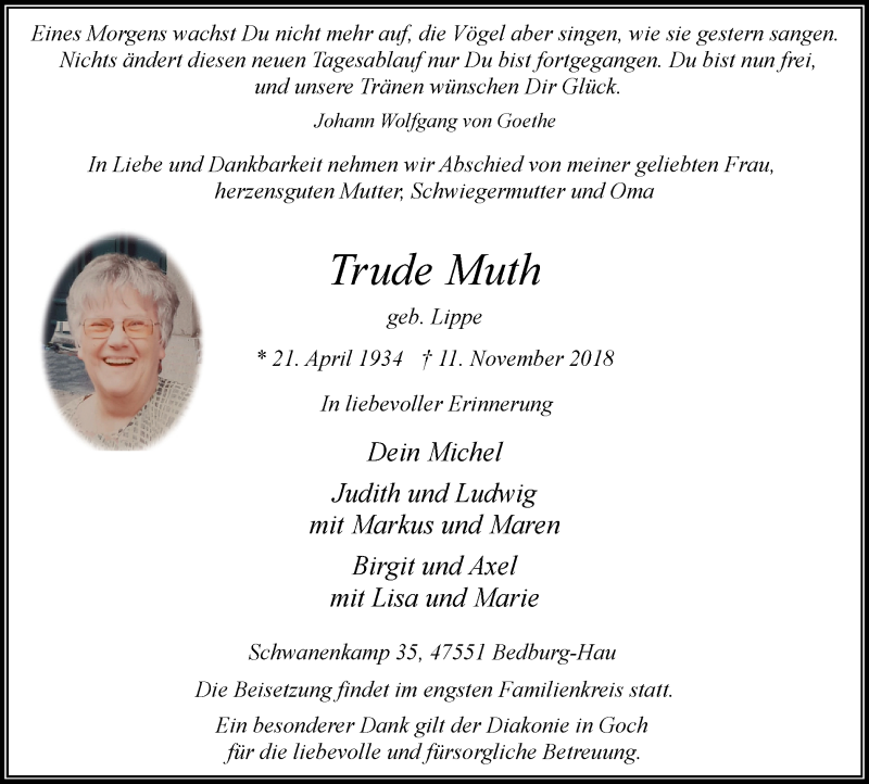  Traueranzeige für Trude Muth vom 17.11.2018 aus Klever Wochenblatt