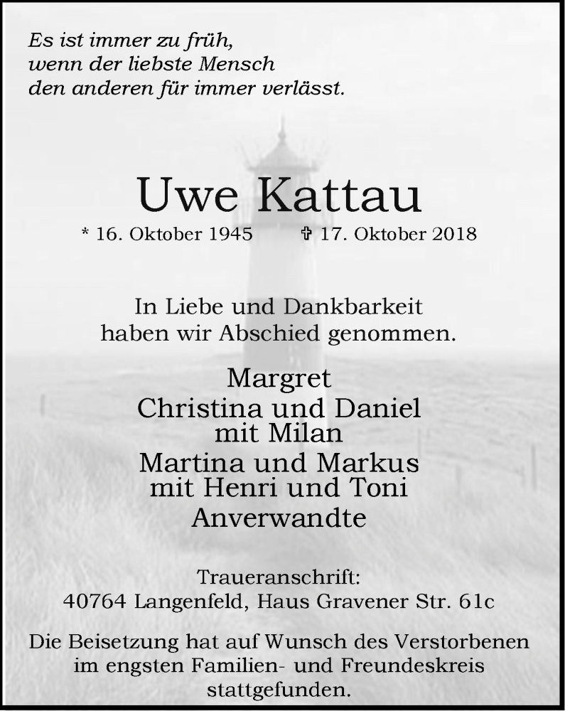  Traueranzeige für Uwe Kattau vom 17.11.2018 aus Wochen-Anzeiger Langenfeld/Monheim/Hilden