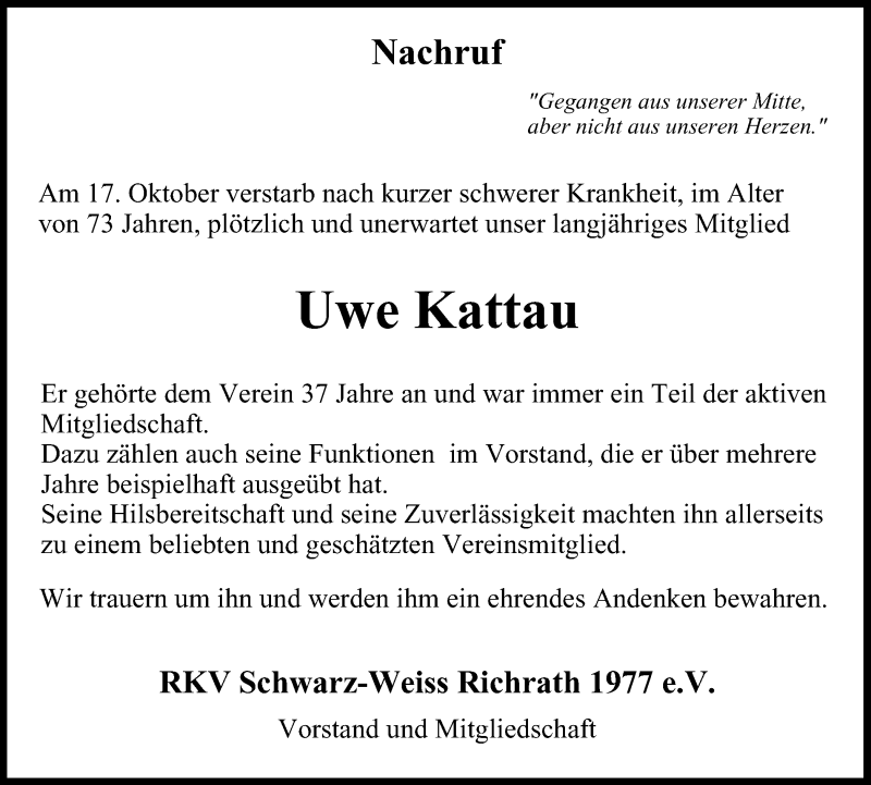  Traueranzeige für Uwe Kattau vom 17.11.2018 aus Wochen-Anzeiger Langenfeld/Monheim/Hilden