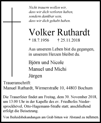 Traueranzeige von Volker Ruthardt von Stadtspiegel Hattingen/Niedersprockhövel