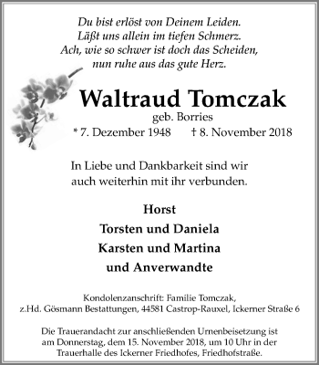 Traueranzeige von Waltraud Tomczak von Stadtanz.Castrop-Rauxel