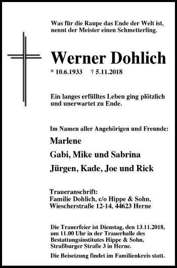 Traueranzeige von Werner Dohlich von Wochenblatt Herne/Wanne-Eickel
