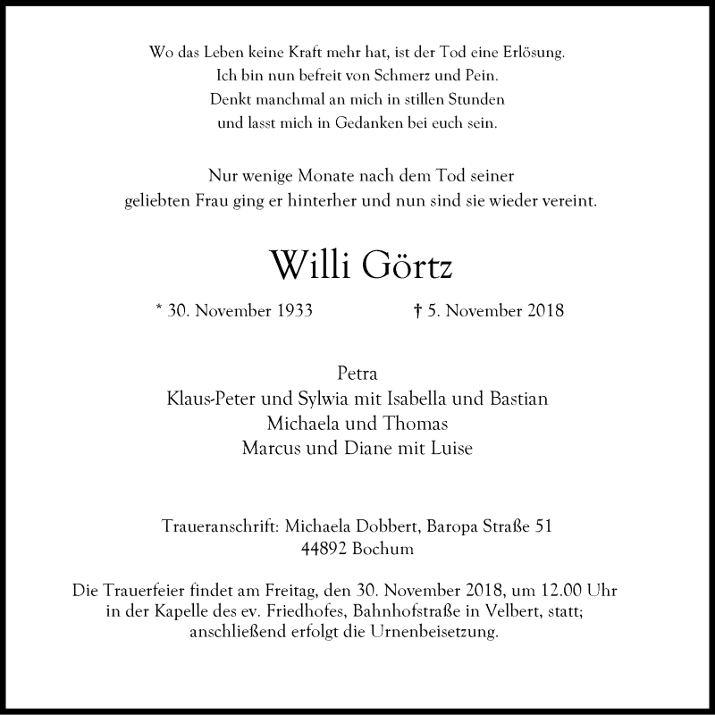 Traueranzeigen von Willi Görtz TrauerinNRW.de
