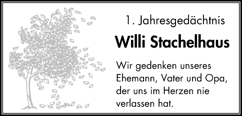  Traueranzeige für Willi Stachelhaus vom 17.11.2018 aus Mülheimer Woche
