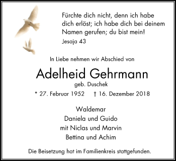 Traueranzeige von Adelheid Gehrmann von Stadtspiegel Wattenscheid