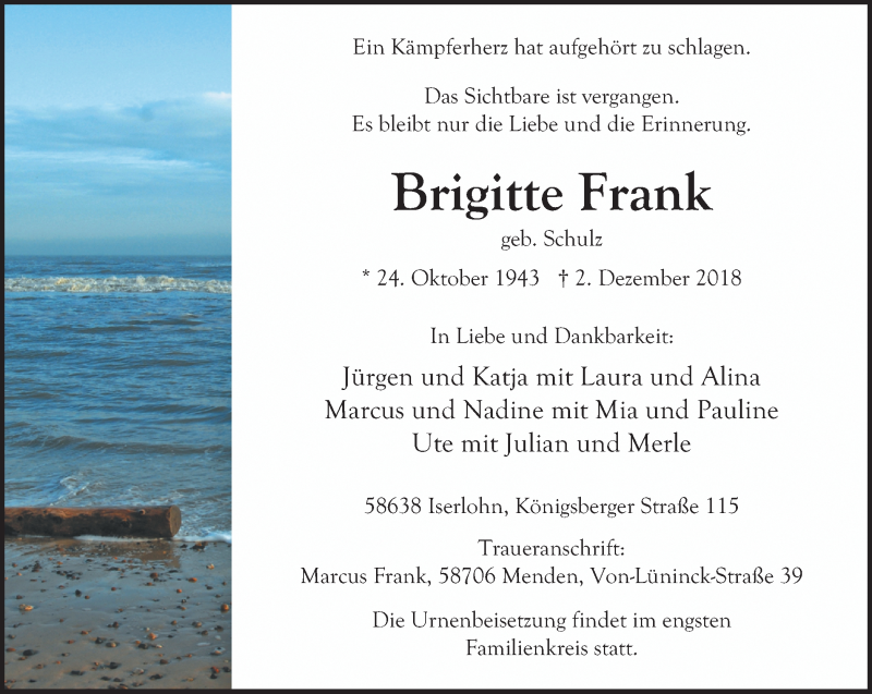  Traueranzeige für Brigitte Frank vom 08.12.2018 aus Stadtspiegel Iserlohn + Hemer