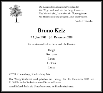 Traueranzeige von Bruno Kelz von Klever Wochenblatt