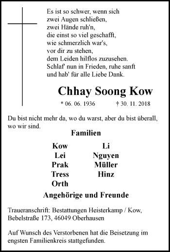 Traueranzeige von Chhay Soong Kow von Wochen-Anzeiger Oberhausen