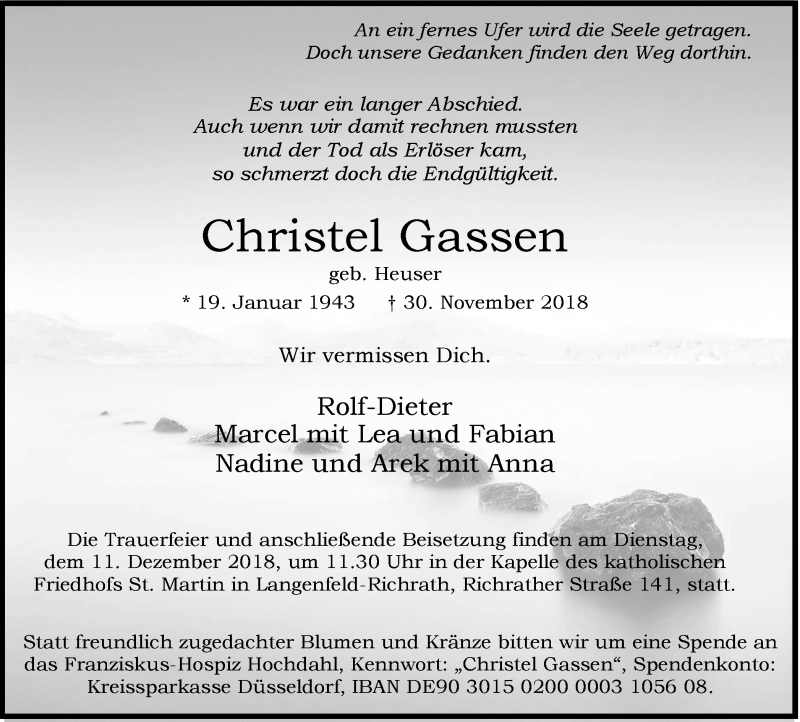  Traueranzeige für Christel Gassen vom 05.12.2018 aus Wochen-Anzeiger Langenfeld/Monheim/Hilden