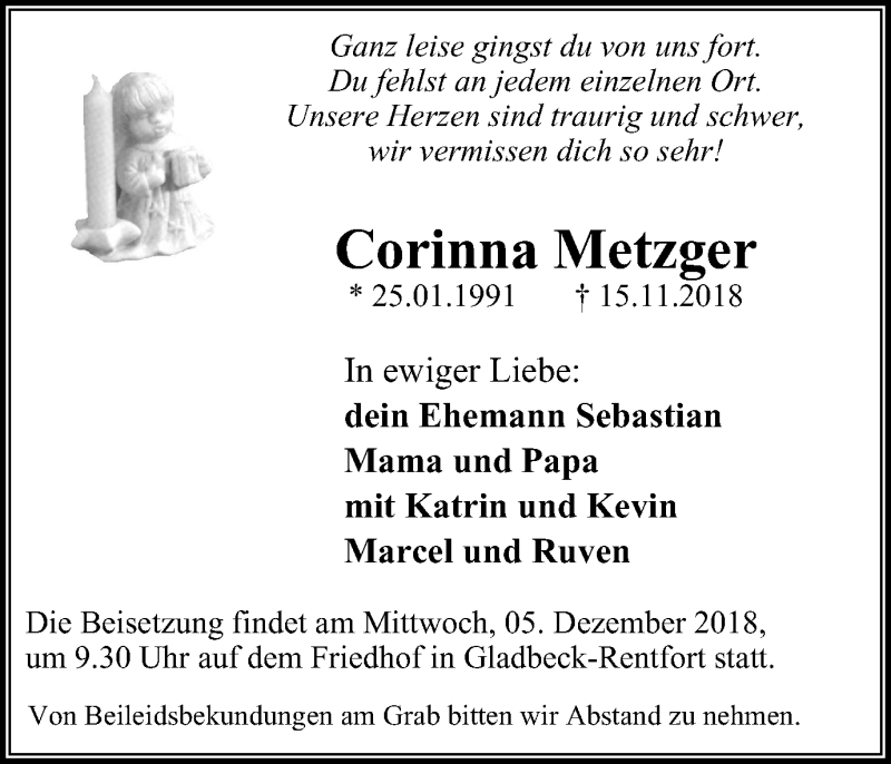  Traueranzeige für Corinna Metzger vom 05.12.2018 aus Stadtspiegel Gladbeck