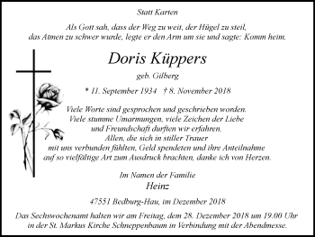 Traueranzeige von Doris Küppers von Klever Wochenblatt