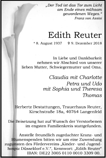Traueranzeige von Edith Reuter von Wochen-Anzeiger Langenfeld/Monheim/Hilden