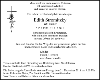 Traueranzeige von Edith Stromitzky von Stadtspiegel Gelsenkirchen