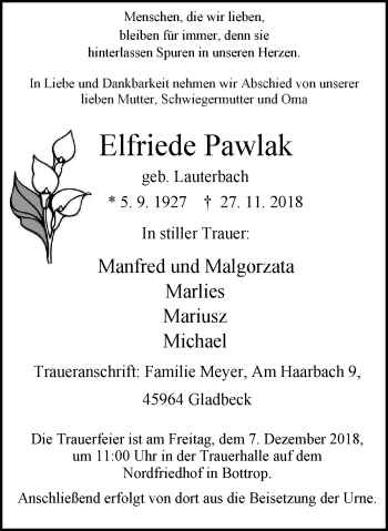 Traueranzeige von Elfriede Pawlak von Stadtspiegel Bottrop