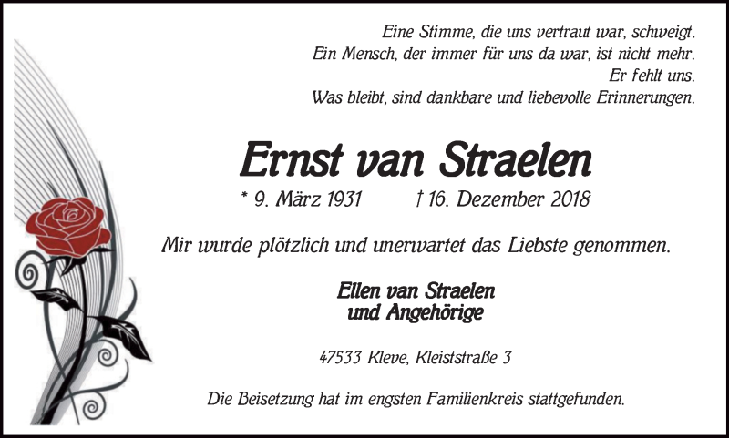  Traueranzeige für Ernst van Straelen vom 28.12.2018 aus Klever Wochenblatt