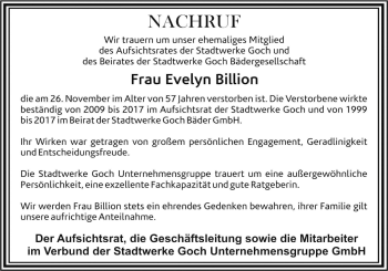 Traueranzeige von Evelyn Billion von Gocher Wochenblatt