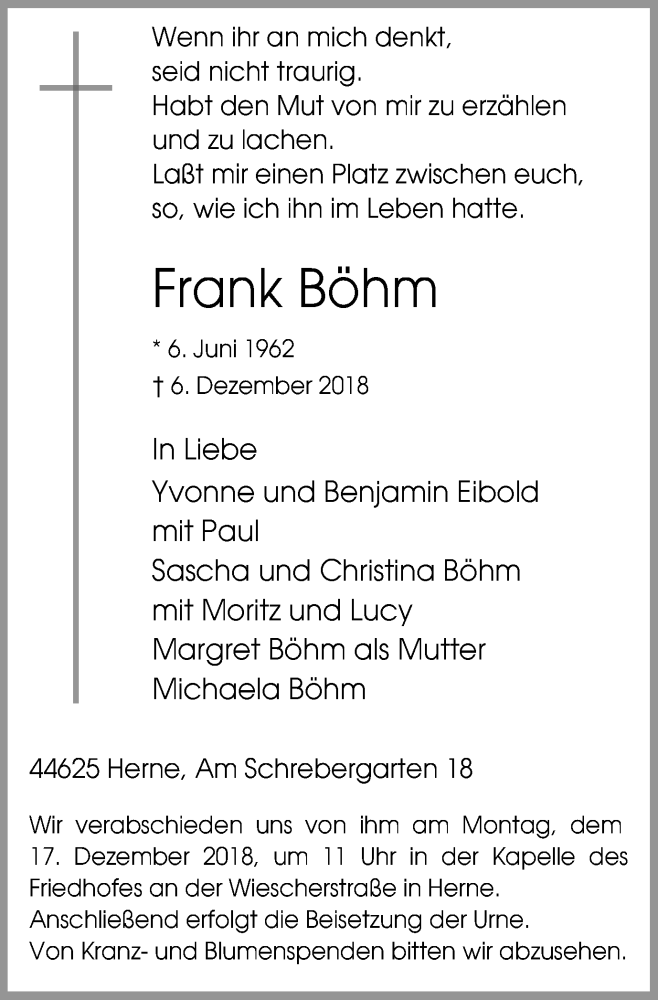  Traueranzeige für Frank Böhm vom 12.12.2018 aus Wochenblatt Herne/Wanne-Eickel