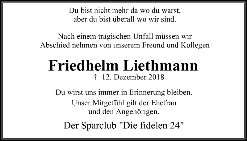  Traueranzeige für Friedhelm Liethmann vom 19.12.2018 aus Stadtanzeiger Velbert + Heiligenhaus