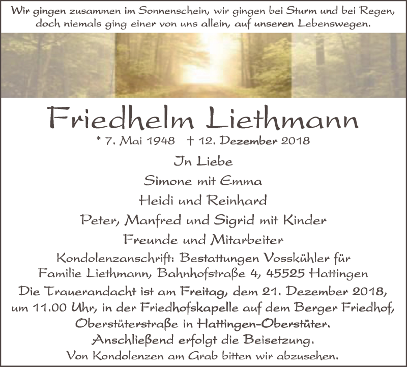  Traueranzeige für Friedhelm Liethmann vom 19.12.2018 aus Stadtspiegel Hattingen/Niedersprockhövel