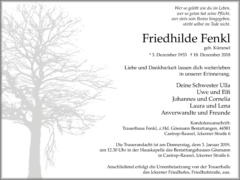  Traueranzeige für Friedhilde Fenkl vom 28.12.2018 aus Stadtanz.Castrop-Rauxel