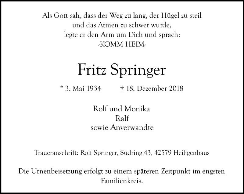  Traueranzeige für Fritz Springer vom 28.12.2018 aus Stadtanzeiger Velbert + Heiligenhaus