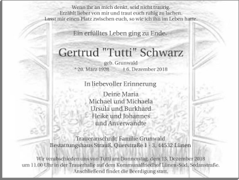 Traueranzeige von Gertrud Schwarz von Lüner Anzeiger