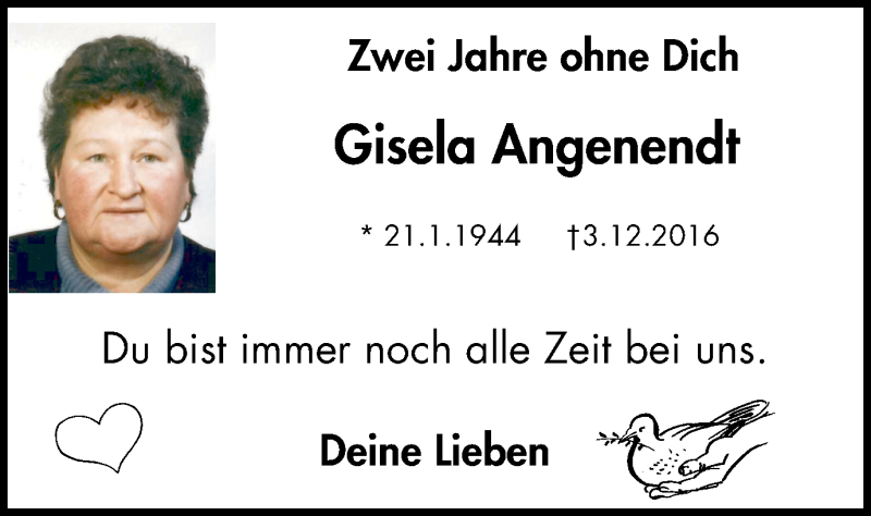  Traueranzeige für Gisela Angenendt vom 01.12.2018 aus Wochen-Anzeiger Oberhausen