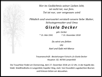 Traueranzeige von Gisela Decker von Wochen-Anzeiger Langenfeld/Monheim/Hilden