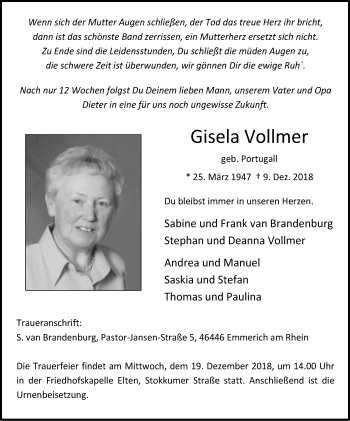 Traueranzeige von Gisela Vollmer von Stadtanzeiger Emmerich/Rees/Isselburg