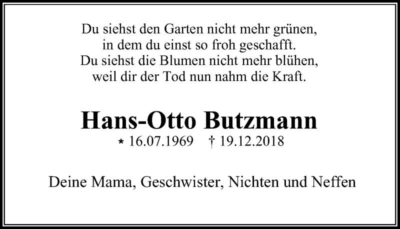  Traueranzeige für Hans-Otto Butzmann vom 28.12.2018 aus Stadtspiegel Bochum