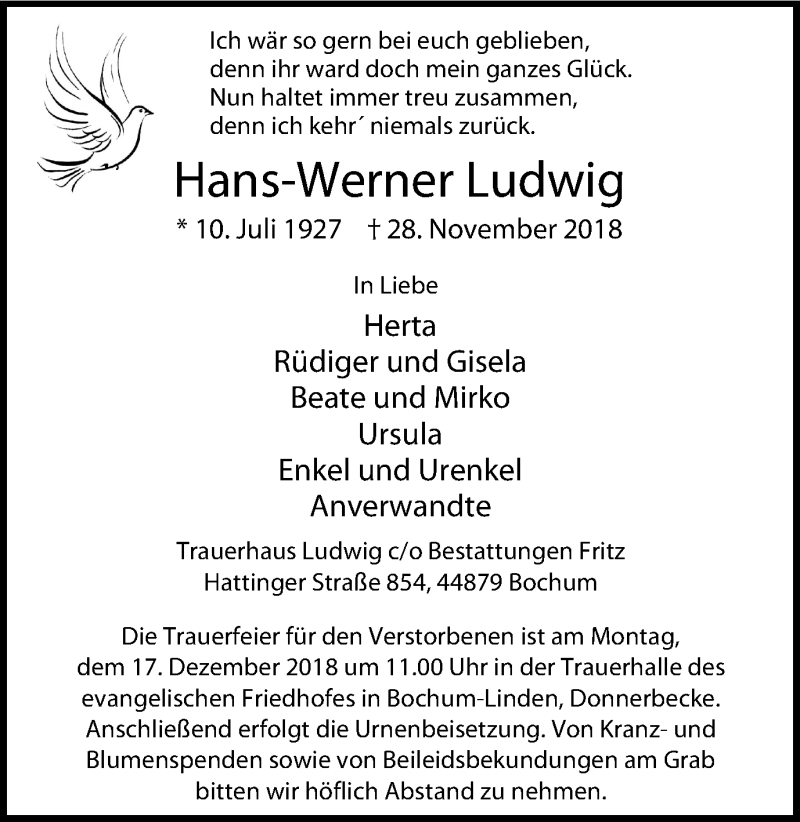  Traueranzeige für Hans-Werner Ludwig vom 12.12.2018 aus Stadtspiegel Bochum