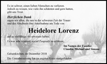 Traueranzeige von Heidelore Lorenz von Stadtspiegel Gelsenkirchen