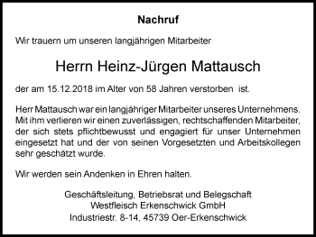 Traueranzeige von Heinz-Jürgen Mattausch von Stadtspiegel Re+Marl+Dat+Herten