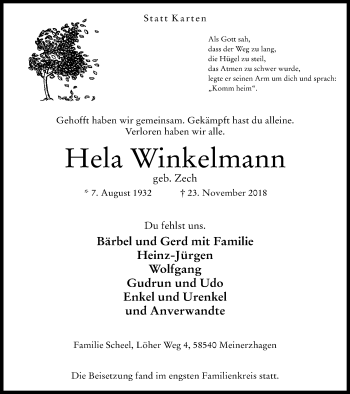 Traueranzeige von Hela Winkelmann von Stadtanz.Castrop-Rauxel