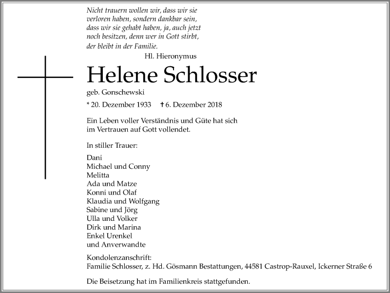  Traueranzeige für Helene Schlosser vom 12.12.2018 aus Stadtanz.Castrop-Rauxel